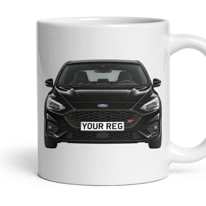 Ford Focus ST Personalised Number Plate Mug - Shadow Black - Front & Rear mug, 11oz white ceramic, Shadow Black, handle right