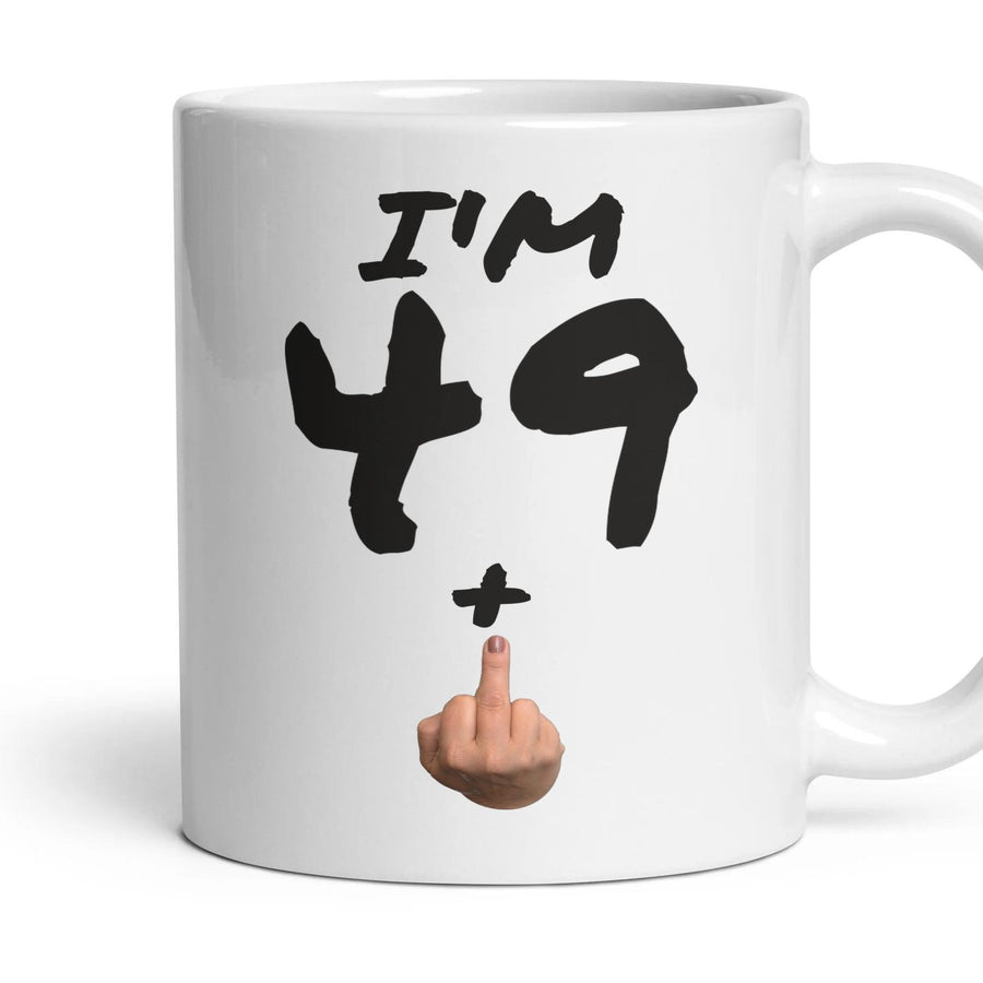 49 + Finger — 50th Birthday Mug, Rude Gift mug, 11oz white ceramic, handle right
