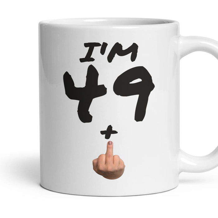 49 + Finger — 50th Birthday Mug, Rude Gift mug, 11oz white ceramic, handle right