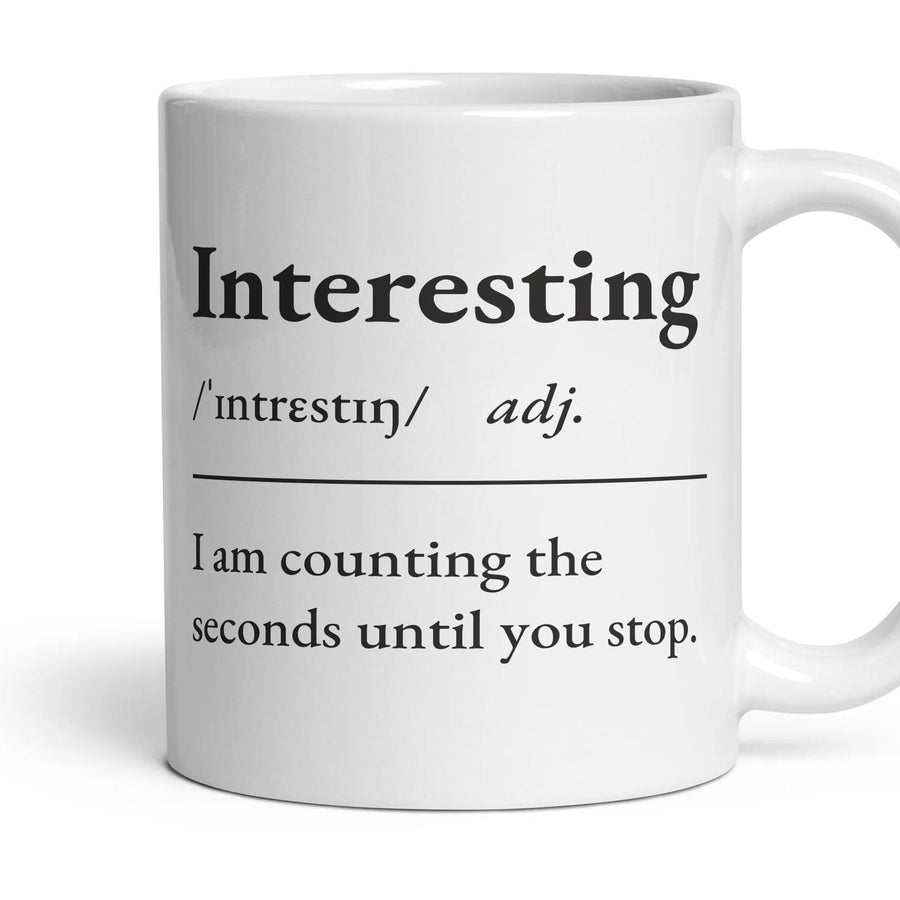 Interesting mug, 11oz white ceramic, handle right