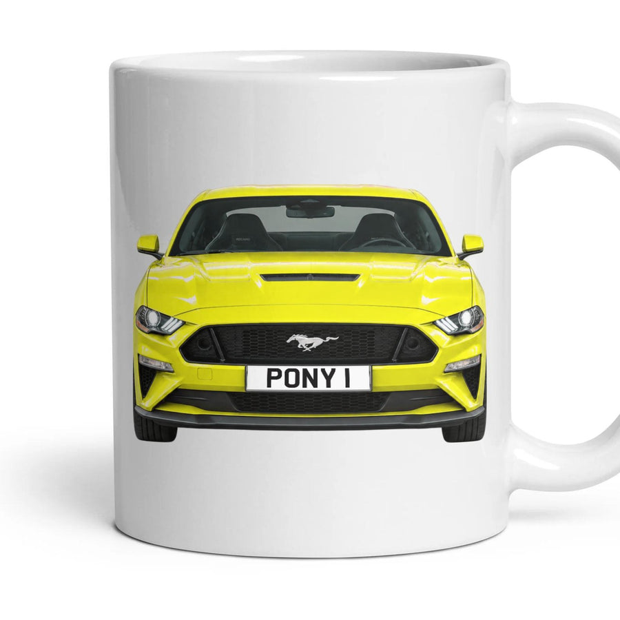 Ford Mustang Number Plate Mug - Triple Yellow - Front & Rear mug, 11oz white ceramic, Triple Yellow, handle right
