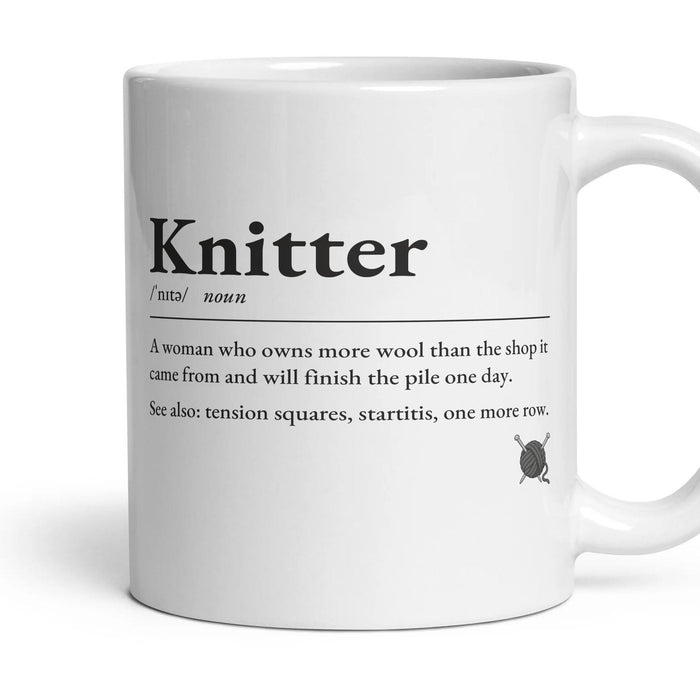 Knitting Mum mug, 11oz white ceramic, handle right