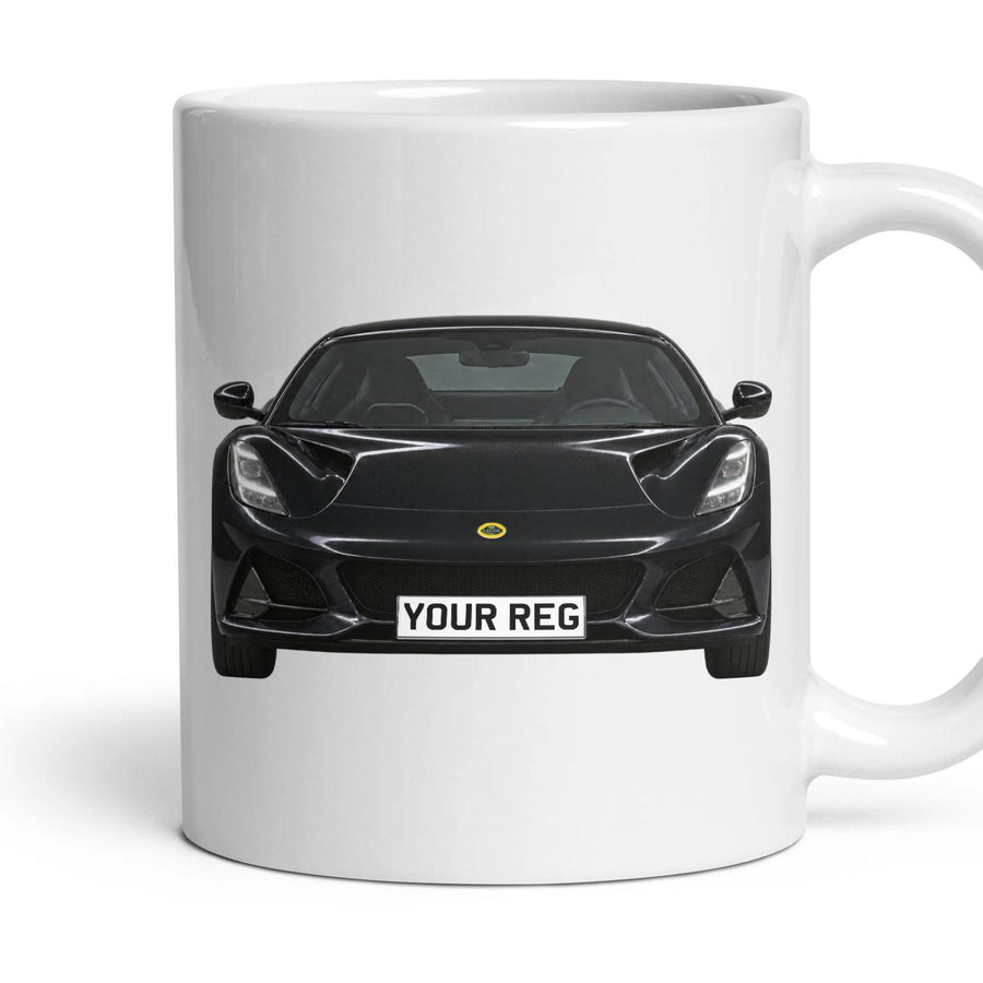 Lotus Emira Personalised Number Plate Mug - Cosmos Black - Front & Rear mug, 11oz white ceramic, Cosmos Black, handle right