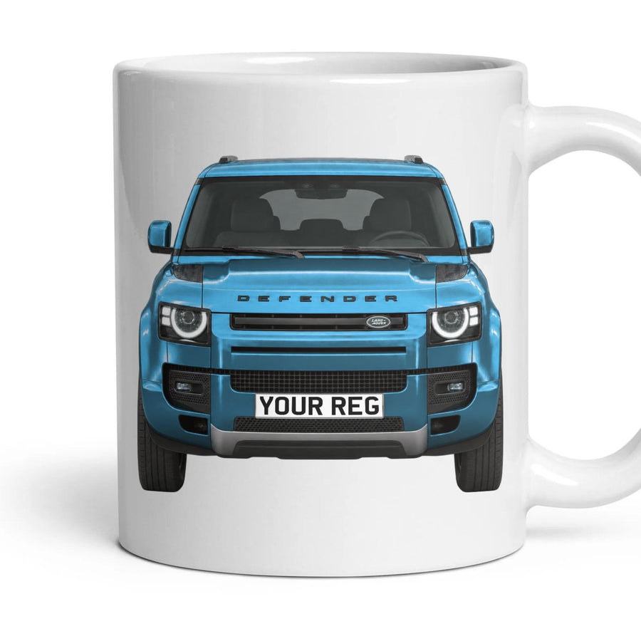 Land Rover Defender Personalised Number Plate Mug - Tasman Blue - Front & Rear mug, 11oz white ceramic, Tasman Blue, handle right