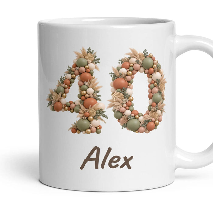 Personalised 40th Birthday Balloon Mug mug, 11oz white ceramic, Boho Sage & Terracotta, handle right