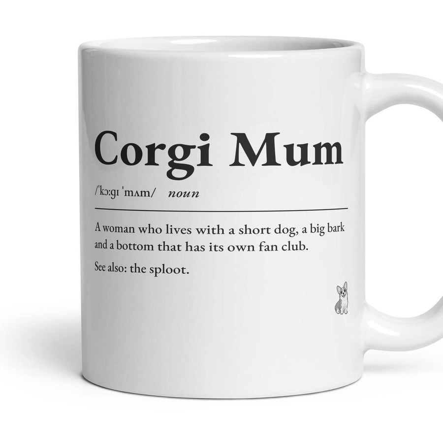 Corgi Mum mug, 11oz white ceramic, Red & White, handle right