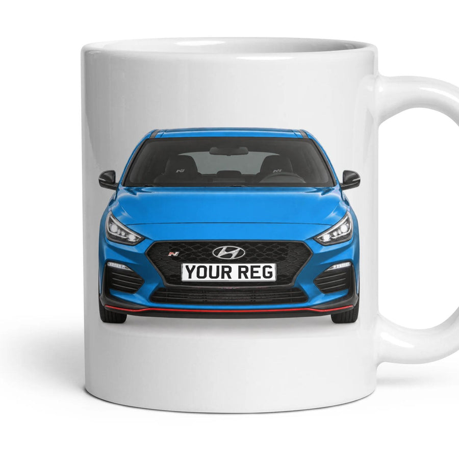 Hyundai i30 N Performance Personalised Number Plate Mug - Performance Blue - Front & Rear mug, 11oz white ceramic, Performance Blue, handle right
