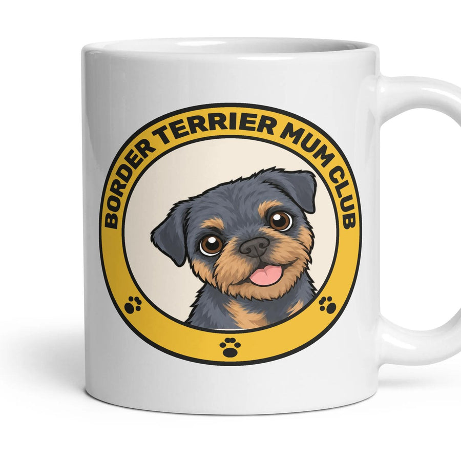 Border Terrier Mum Club mug, 11oz white ceramic, Blue & Tan, handle right
