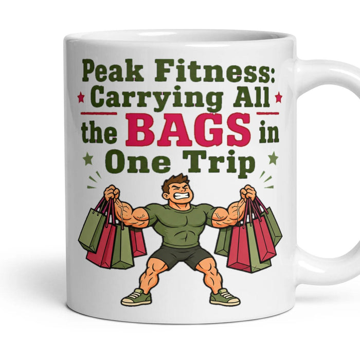 Peak Fitness: Carrying All the Bags in One Trip mug, 11oz white ceramic, handle right