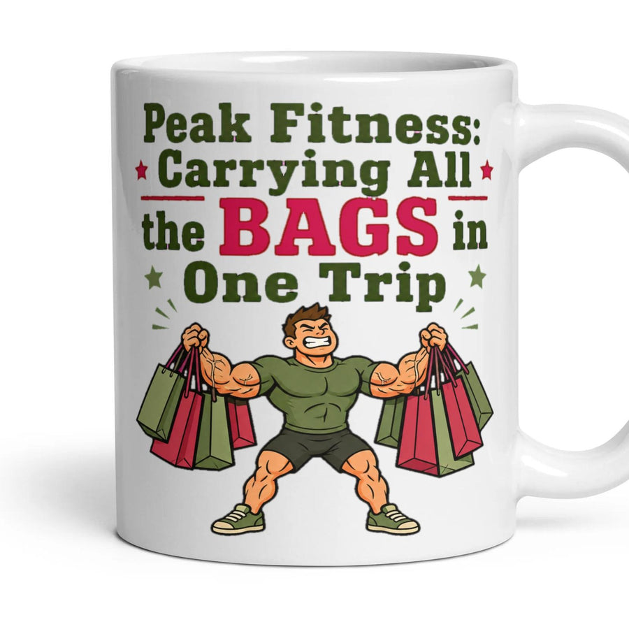 Peak Fitness: Carrying All the Bags in One Trip mug, 11oz white ceramic, handle right