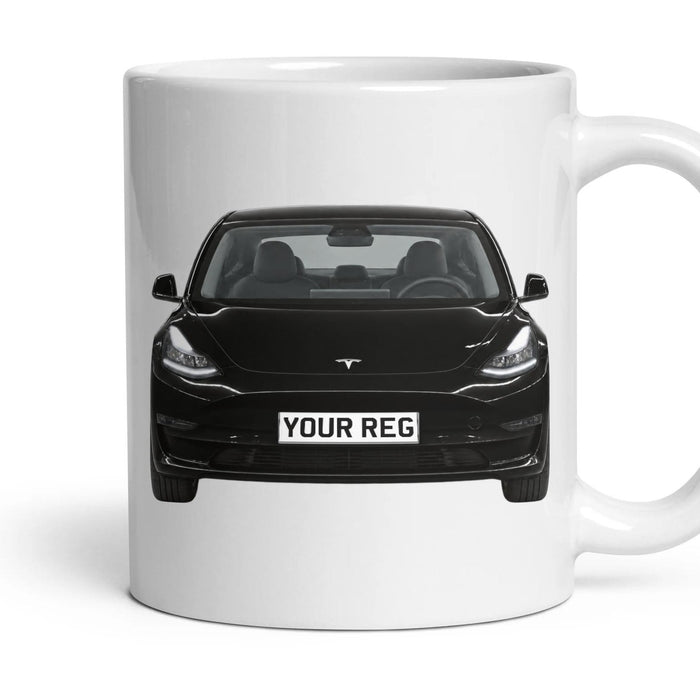 Tesla Model 3 Personalised Number Plate Mug - Solid Black - Front & Rear mug, 11oz white ceramic, Solid Black, handle right
