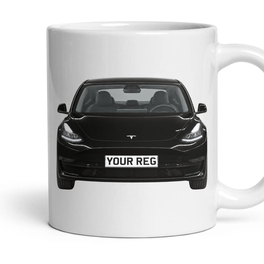 Tesla Model 3 Personalised Number Plate Mug - Solid Black - Front & Rear mug, 11oz white ceramic, Solid Black, handle right