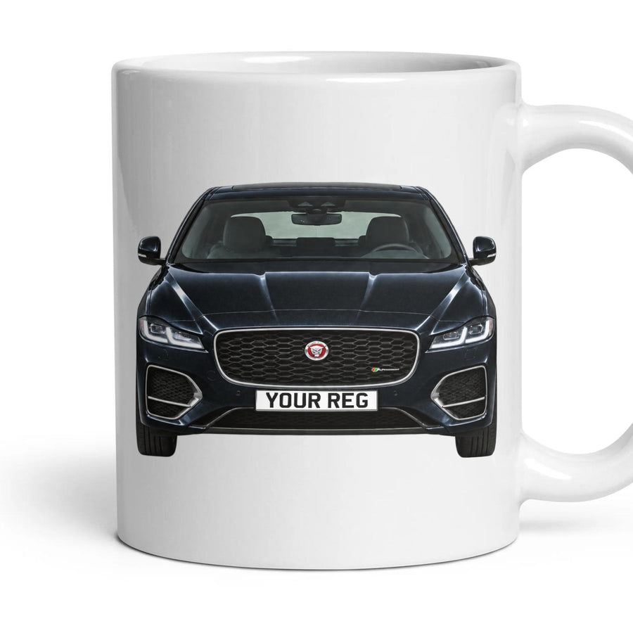 Jaguar XF Personalised Number Plate Mug - Santorini Black - Front & Rear mug, 11oz white ceramic, Santorini Black, handle right