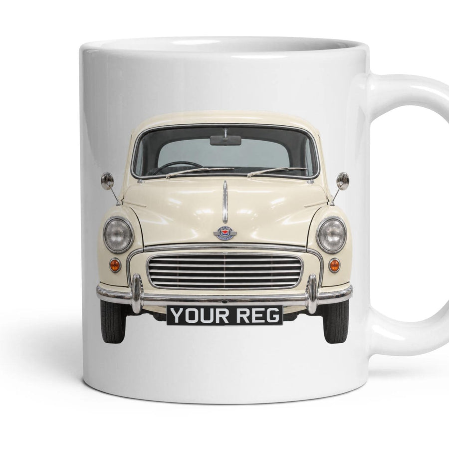 Morris Minor 1000 Personalised Number Plate Mug - Old English White - Front & Rear mug, 11oz white ceramic, Old English White, handle right