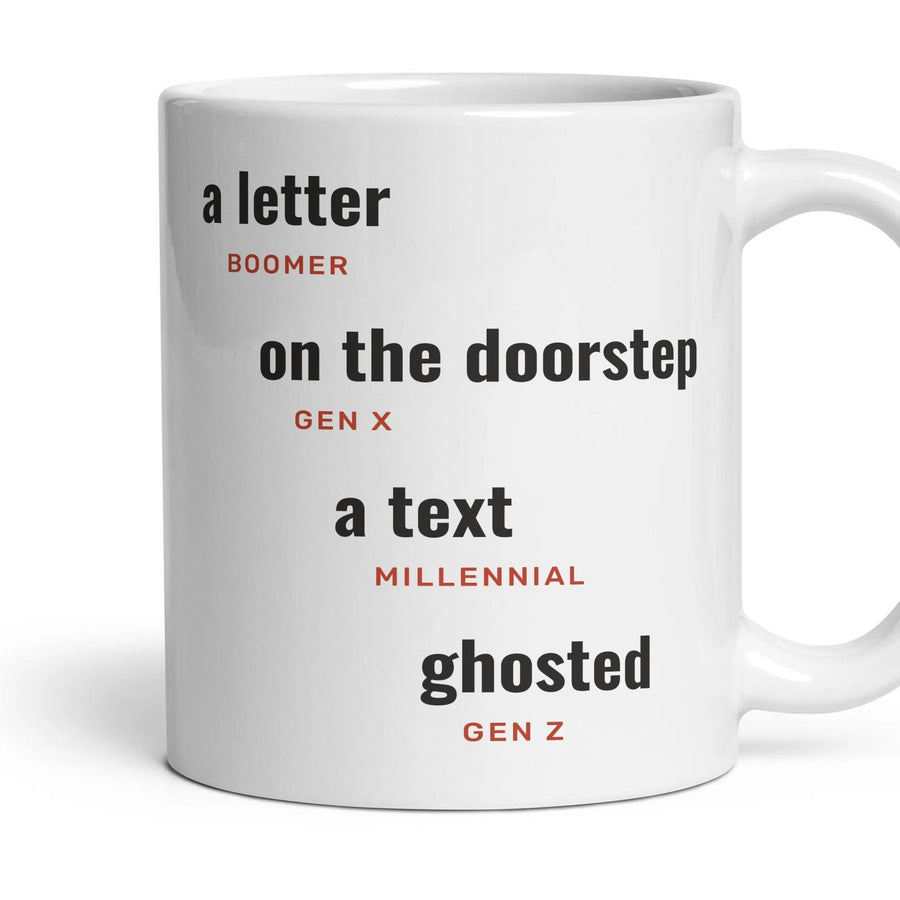 Ending it: a letter, on the doorstep, a text, ghosted mug, 11oz white ceramic, handle right