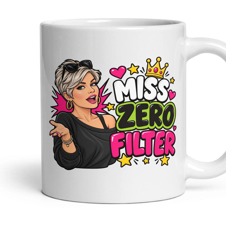 Miss Zero Filter mug, 11oz white ceramic, handle right