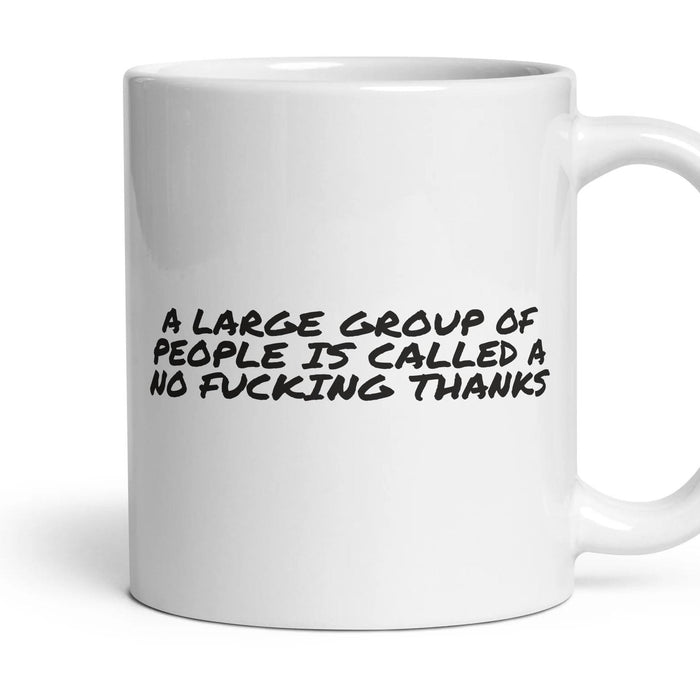 A LARGE GROUP OF PEOPLE IS CALLED A NO FUCKING THANKS mug, 11oz white ceramic, handle right