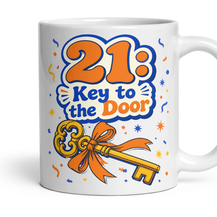 21: Key to the Door mug, 11oz white ceramic, handle right