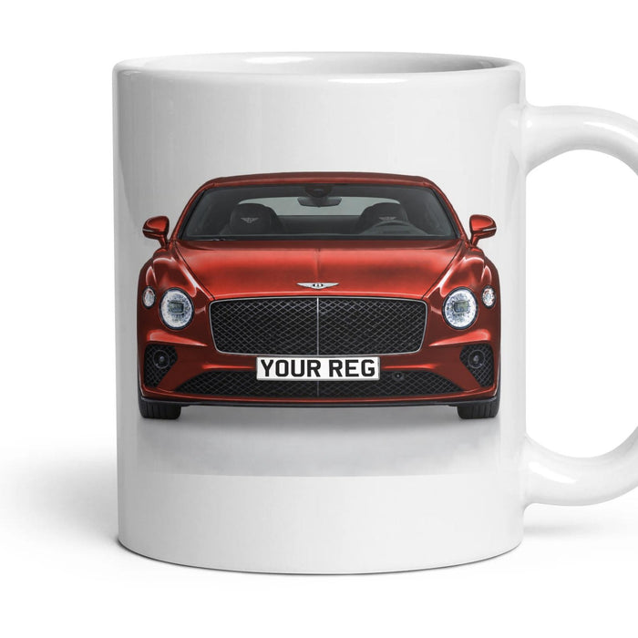 Bentley Continental GT Personalised Number Plate Mug - Cricket Ball Red - Front & Rear mug, 11oz white ceramic, Cricket Ball Red, handle right