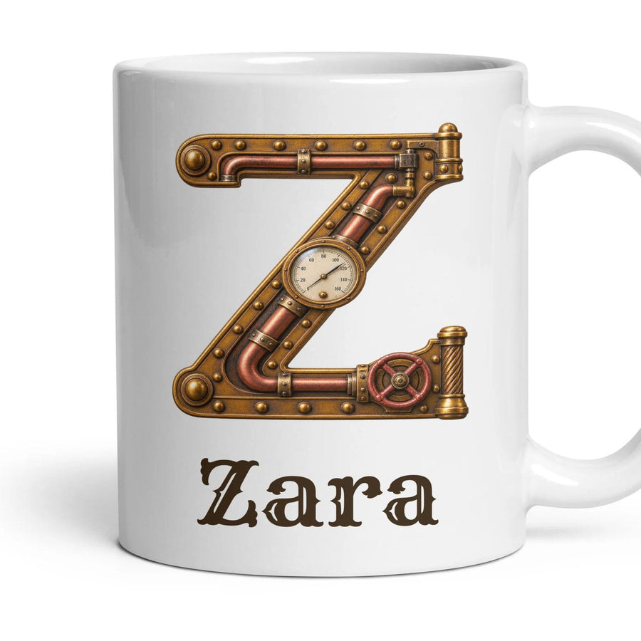 Personalised Steampunk Monogram Mug mug, 11oz white ceramic, handle right
