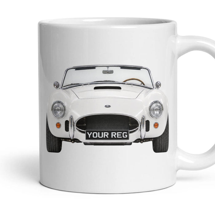 AC Cobra Personalised Number Plate Mug - Wimbledon White - Front & Rear mug, 11oz white ceramic, Wimbledon White, handle right