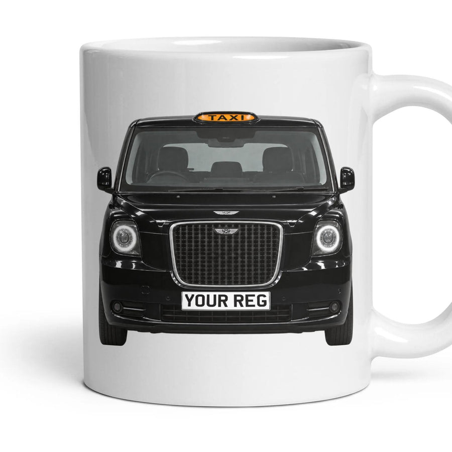 London Taxi LEVC TX Personalised Number Plate Mug - Black - Front & Rear mug, 11oz white ceramic, Black, handle right