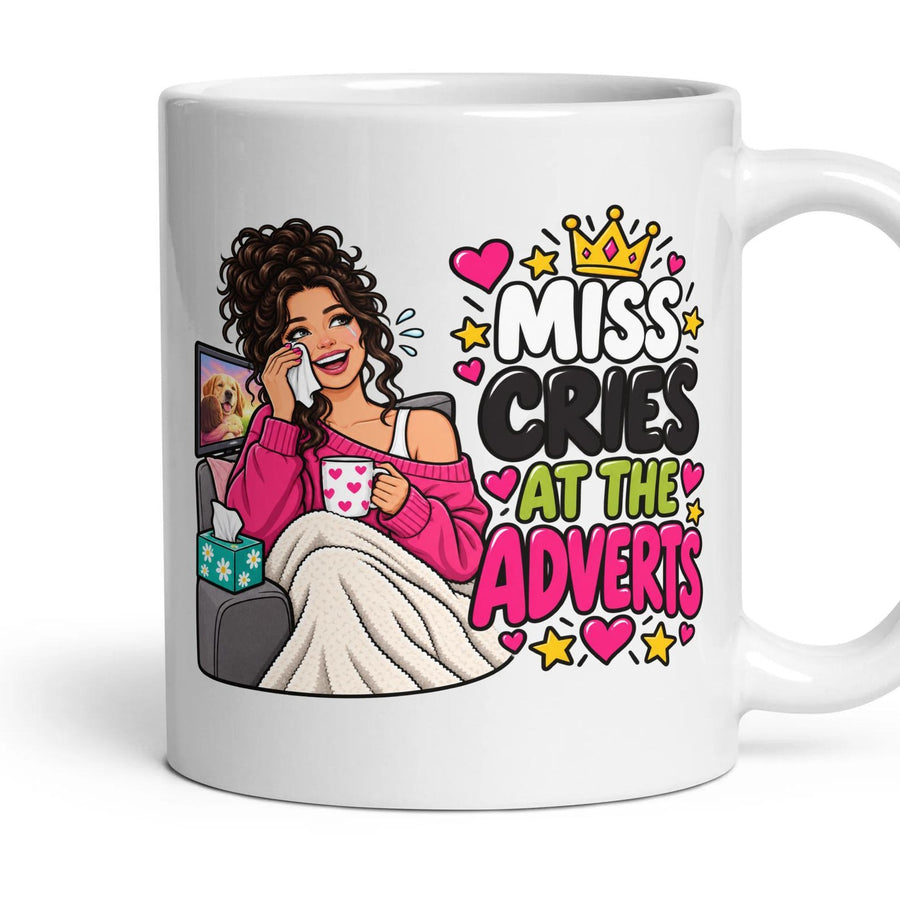 Miss Cries At The Adverts mug, 11oz white ceramic, handle right