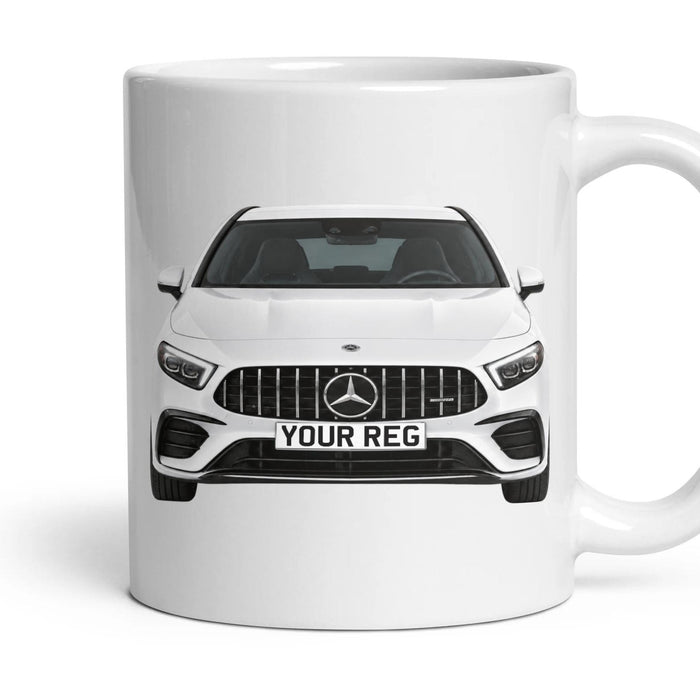 Mercedes-AMG A35 Personalised Number Plate Mug - Polar White - Front & Rear mug, 11oz white ceramic, Polar White, handle right