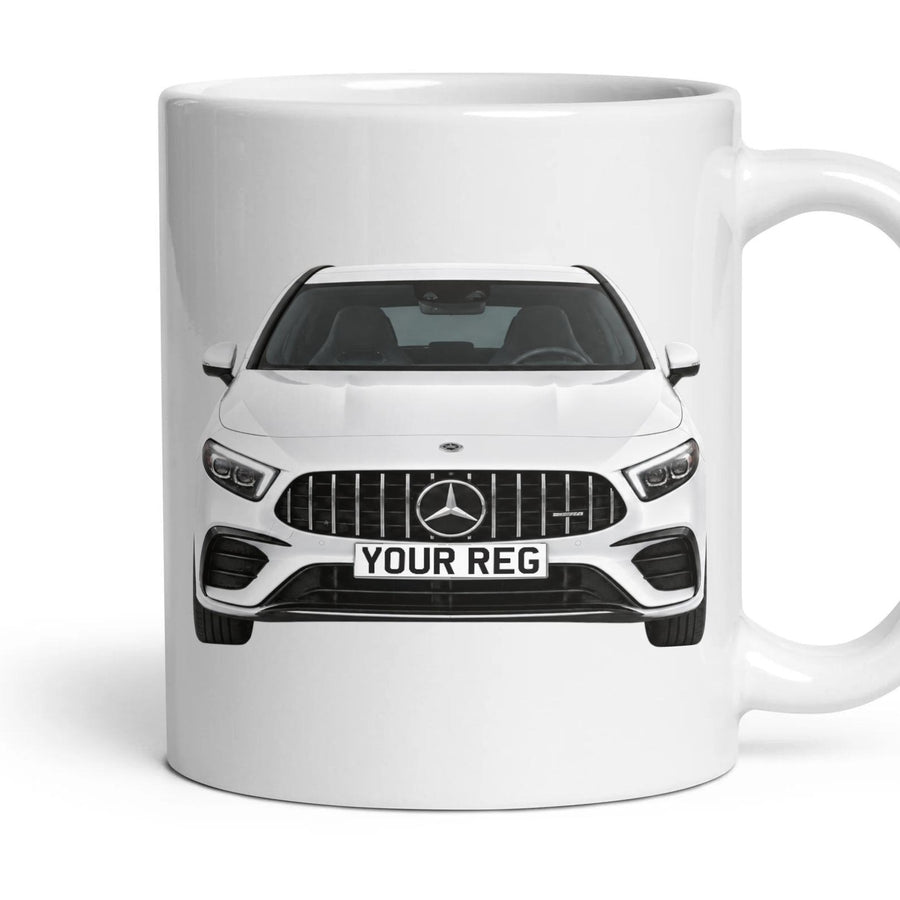 Mercedes-AMG A35 Personalised Number Plate Mug - Polar White - Front & Rear mug, 11oz white ceramic, Polar White, handle right