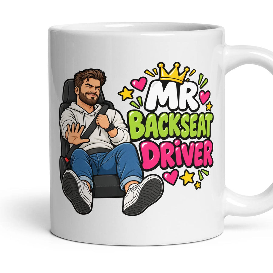Mr Backseat Driver mug, 11oz white ceramic, handle right