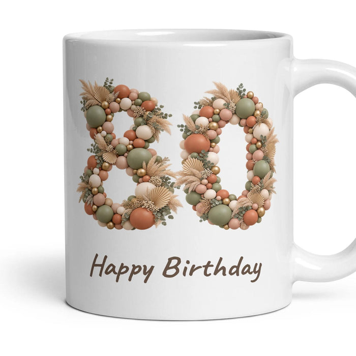 Boho Sage Balloon Birthday Mug mug, 11oz white ceramic, 80th, handle right
