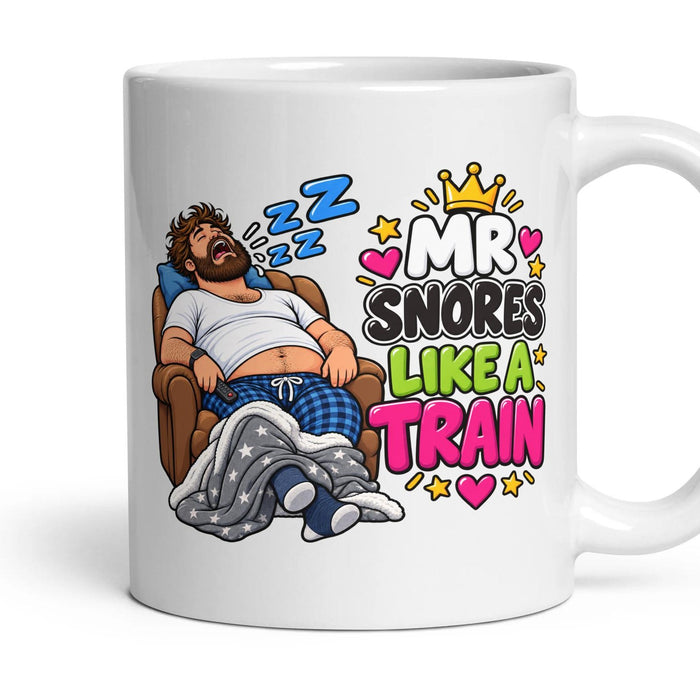 Mr Snores Like A Train mug, 11oz white ceramic, handle right