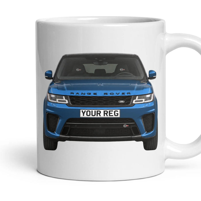 Range Rover Sport SVR Personalised Number Plate Mug - Byron Blue - Front & Rear mug, 11oz white ceramic, Byron Blue, handle right