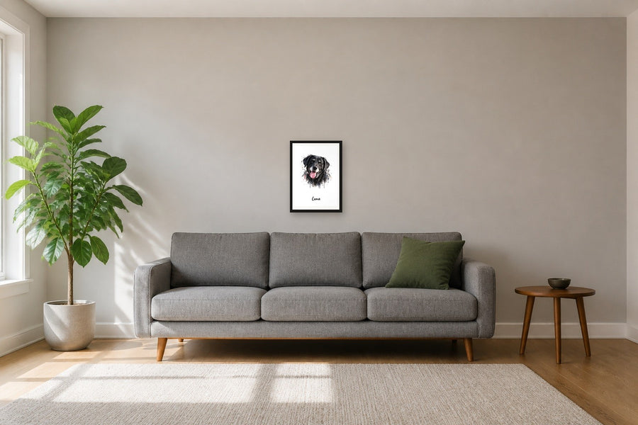 personalised pet portrait print, on the wall, framed