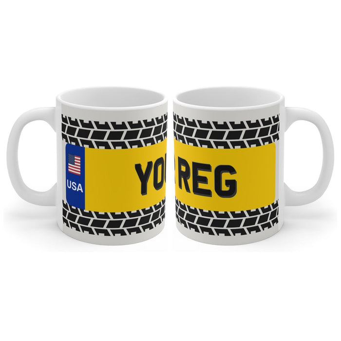 Personalised Number Plate Mug | United States Badge, Your Own Reg, Custom Car Gift mug, handle right