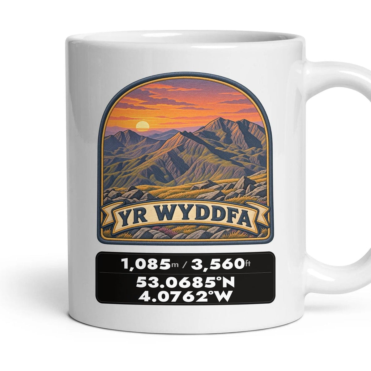 Yr Wyddfa Summit Patch mug, 11oz white ceramic, Yr Wyddfa, handle right