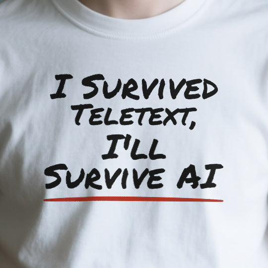 Close-up of the OD8402BCA34E print on a white unisex t-shirt