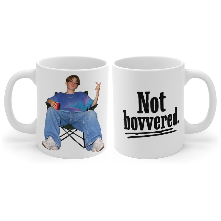 Not bovvered. mug, handle right