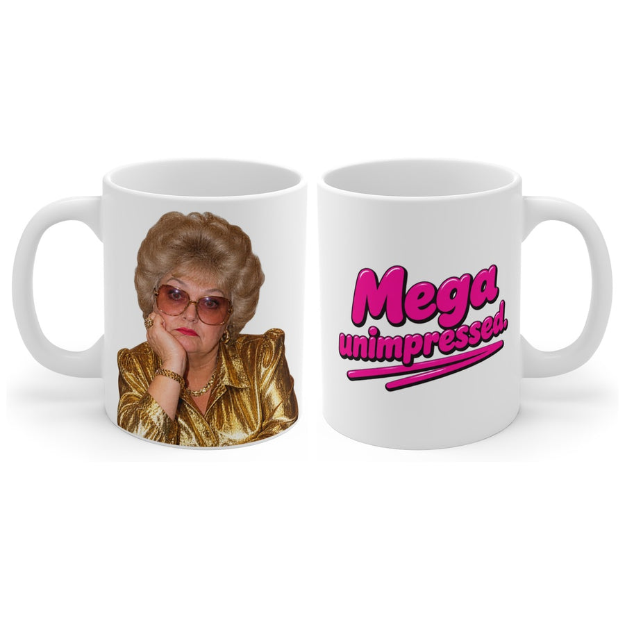 Mega unimpressed. mug, handle right
