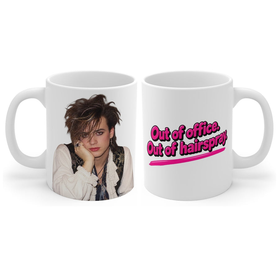 Out of office. Out of hairspray. mug, handle right