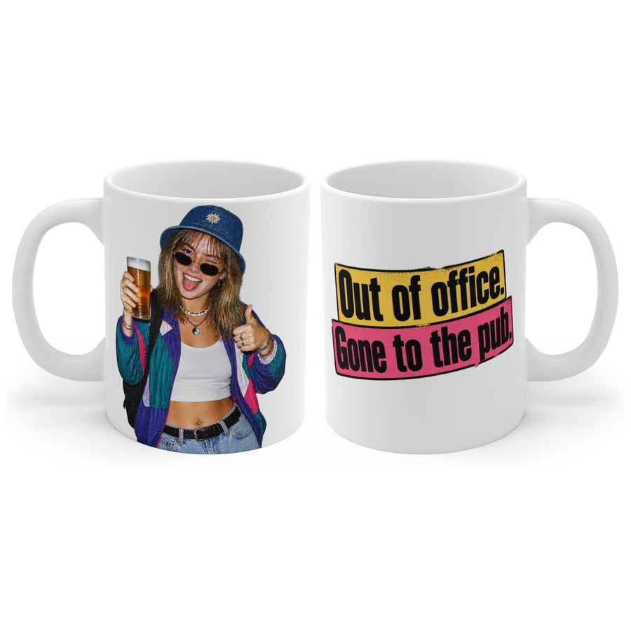 Out of office. Gone to the pub. mug, handle right