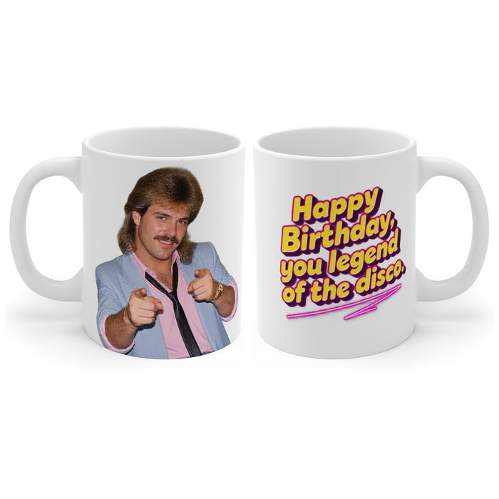 Happy Birthday, you legend of the disco. mug, handle right