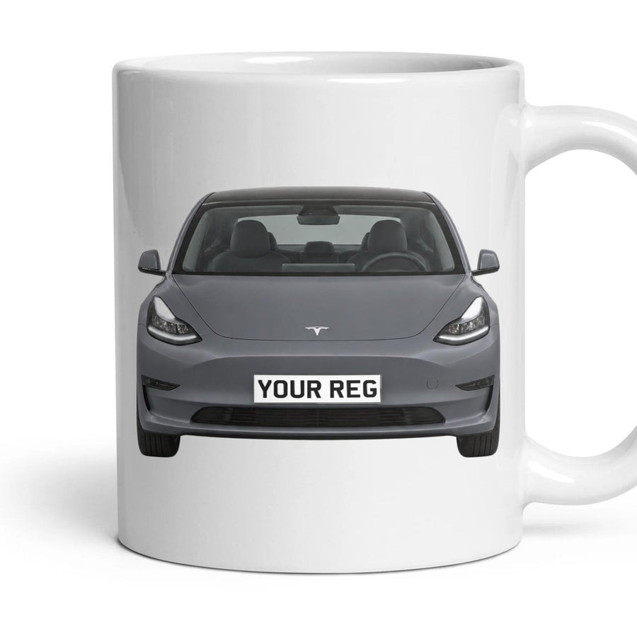 Tesla Model 3 Personalised Number Plate Mug - Stealth Grey - Front & Rear mug, 11oz white ceramic, Stealth Grey, handle right