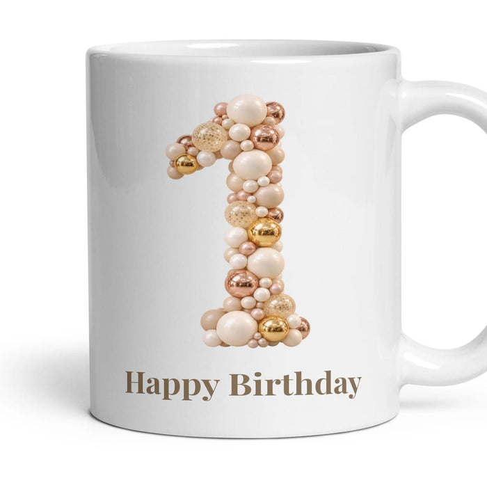 Chrome & Ivory Balloon Birthday Mug mug, 11oz white ceramic, 1st, handle right