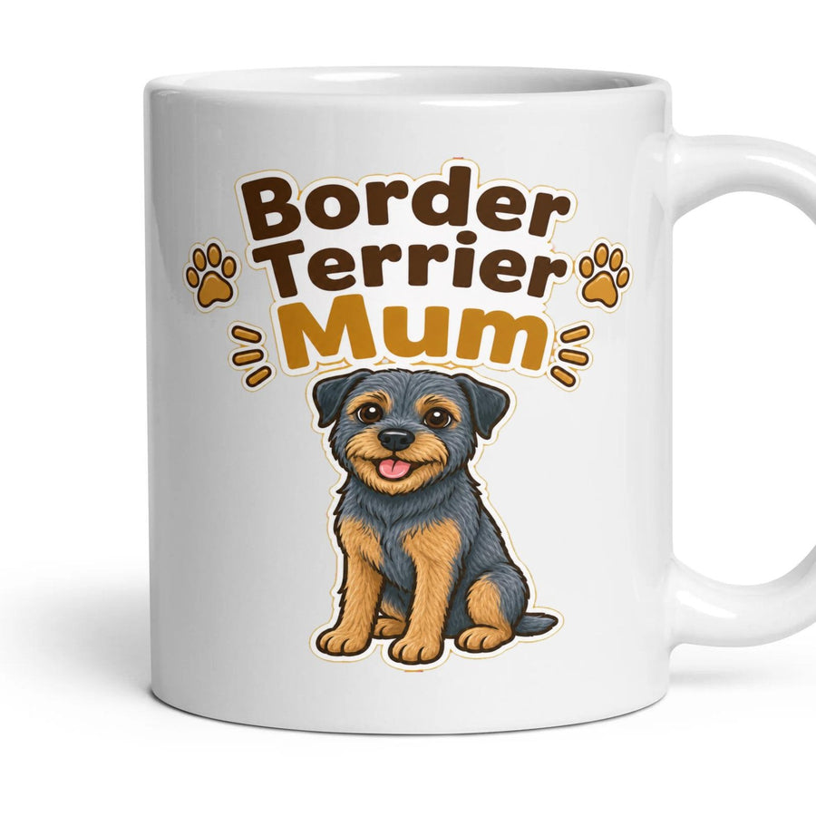 Border Terrier Mum mug, 11oz white ceramic, Blue & Tan, handle right