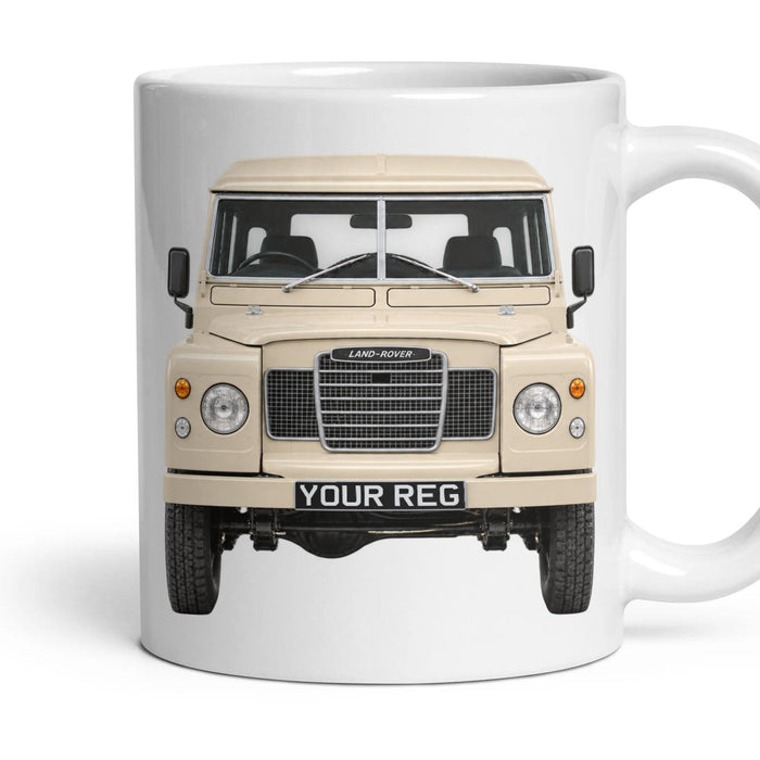 Land Rover Series III Personalised Number Plate Mug - Limestone - Front & Rear mug, 11oz white ceramic, Limestone, handle right