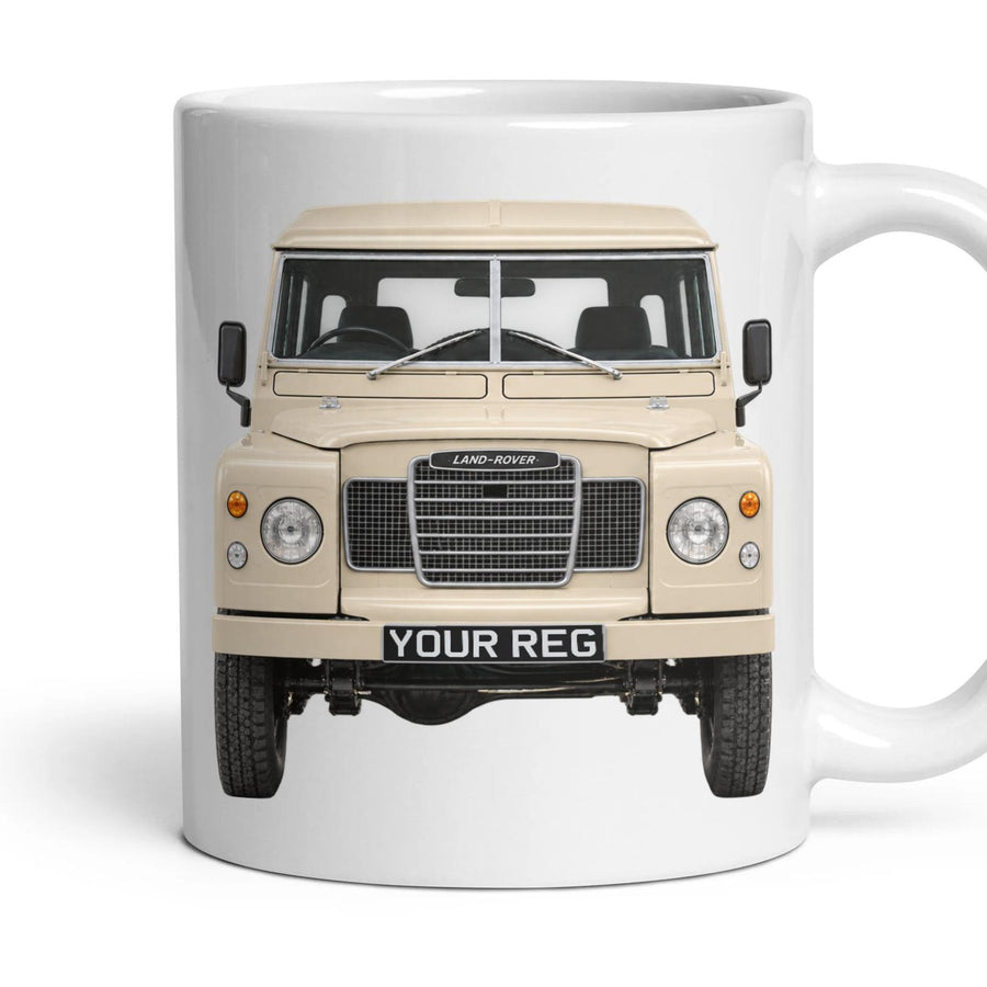 Land Rover Series III Personalised Number Plate Mug - Limestone - Front & Rear mug, 11oz white ceramic, Limestone, handle right