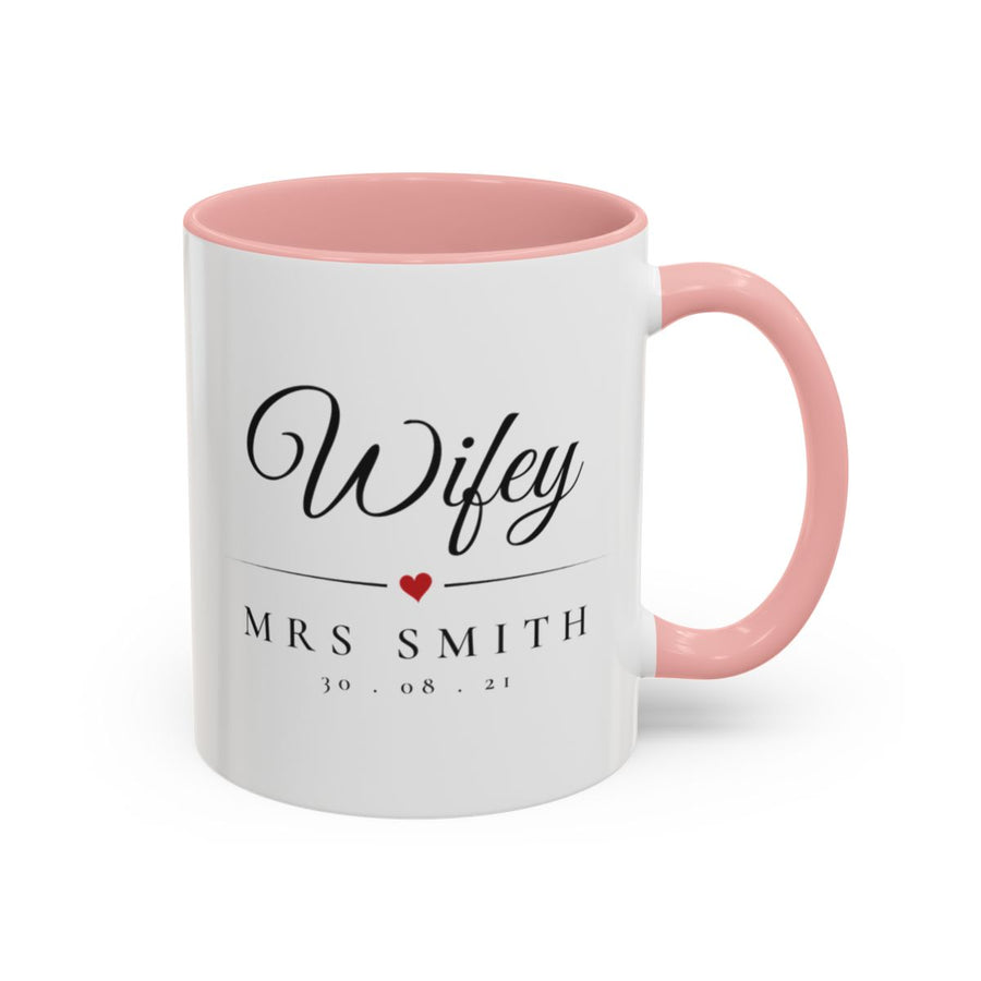 Wifey Newlywed Mug mug, 11oz white ceramic, pink handle and interior, handle right