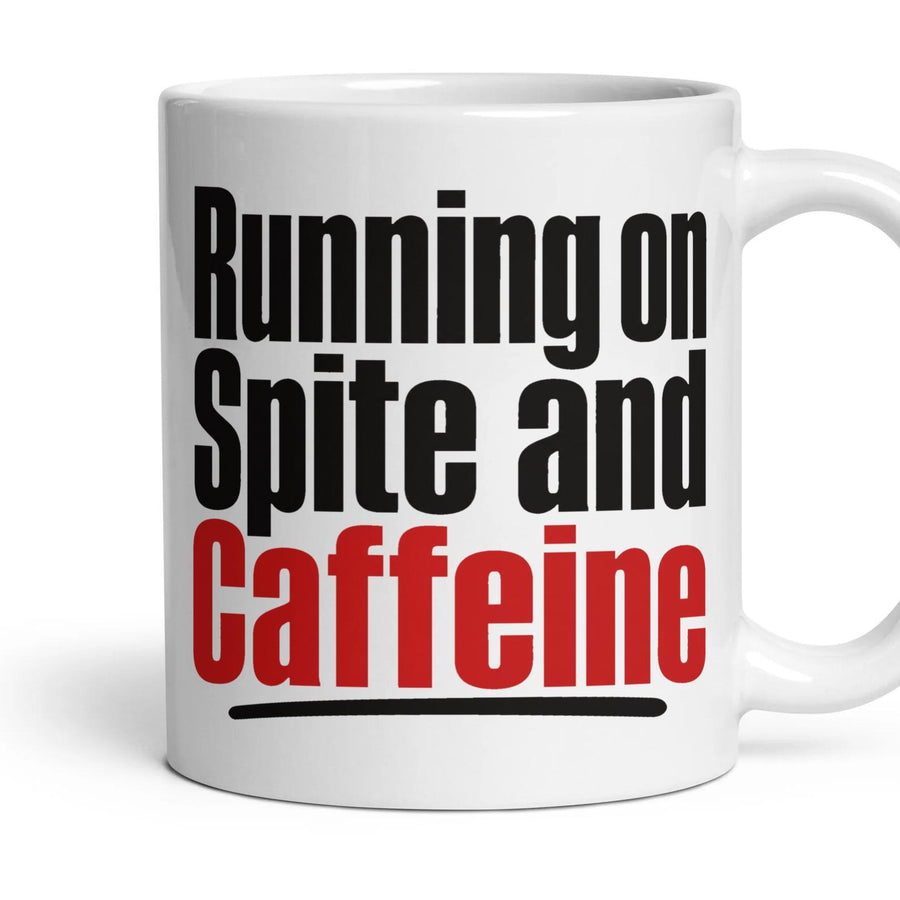 Running on Spite and Caffeine mug, 11oz white ceramic, handle right