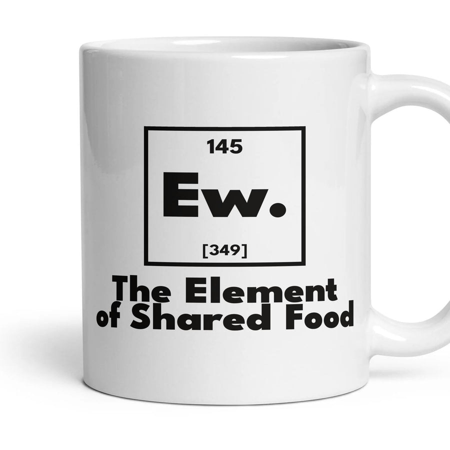 Ew. The Element of Shared Food mug, 11oz white ceramic, handle right